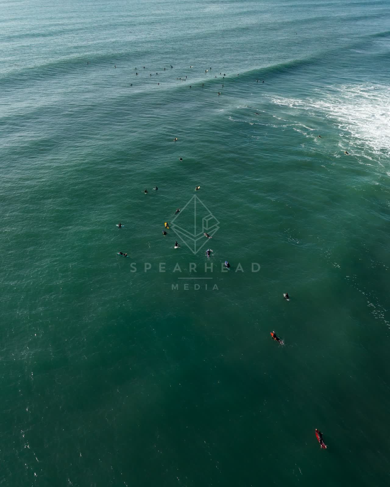 Aerial view of the beach, the surf and the ocean at Swamis, with surfers out.