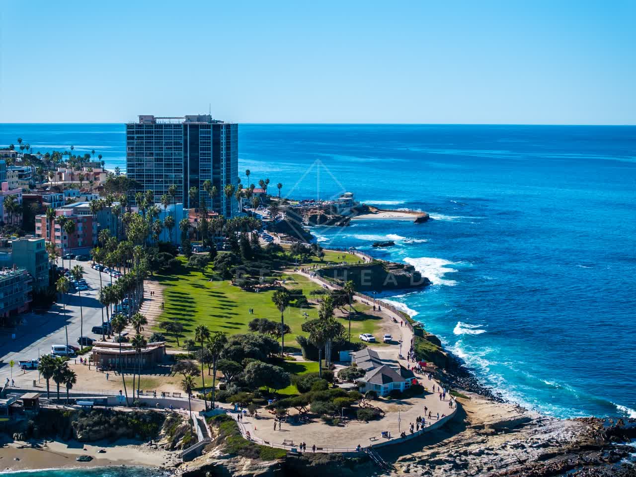 Aerial view of the cliffs, palm trees and the ocean at La Jolla Cove, with people walking.