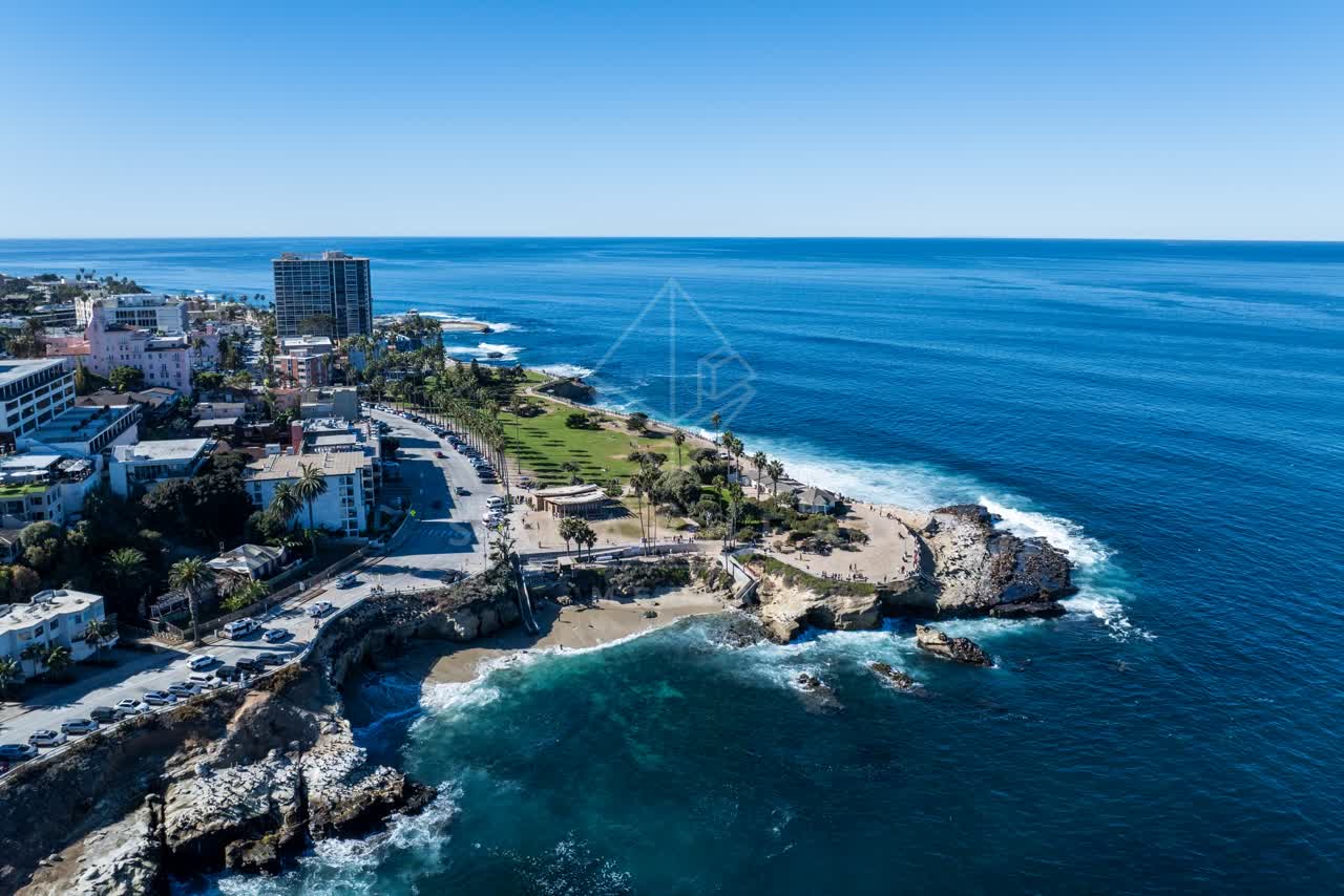 Aerial view of the cliffs, palm trees and the ocean at La Jolla Cove.