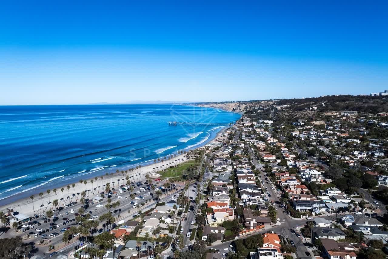 Aerial view of the beach, the pier and palm trees at La Jolla Shores.