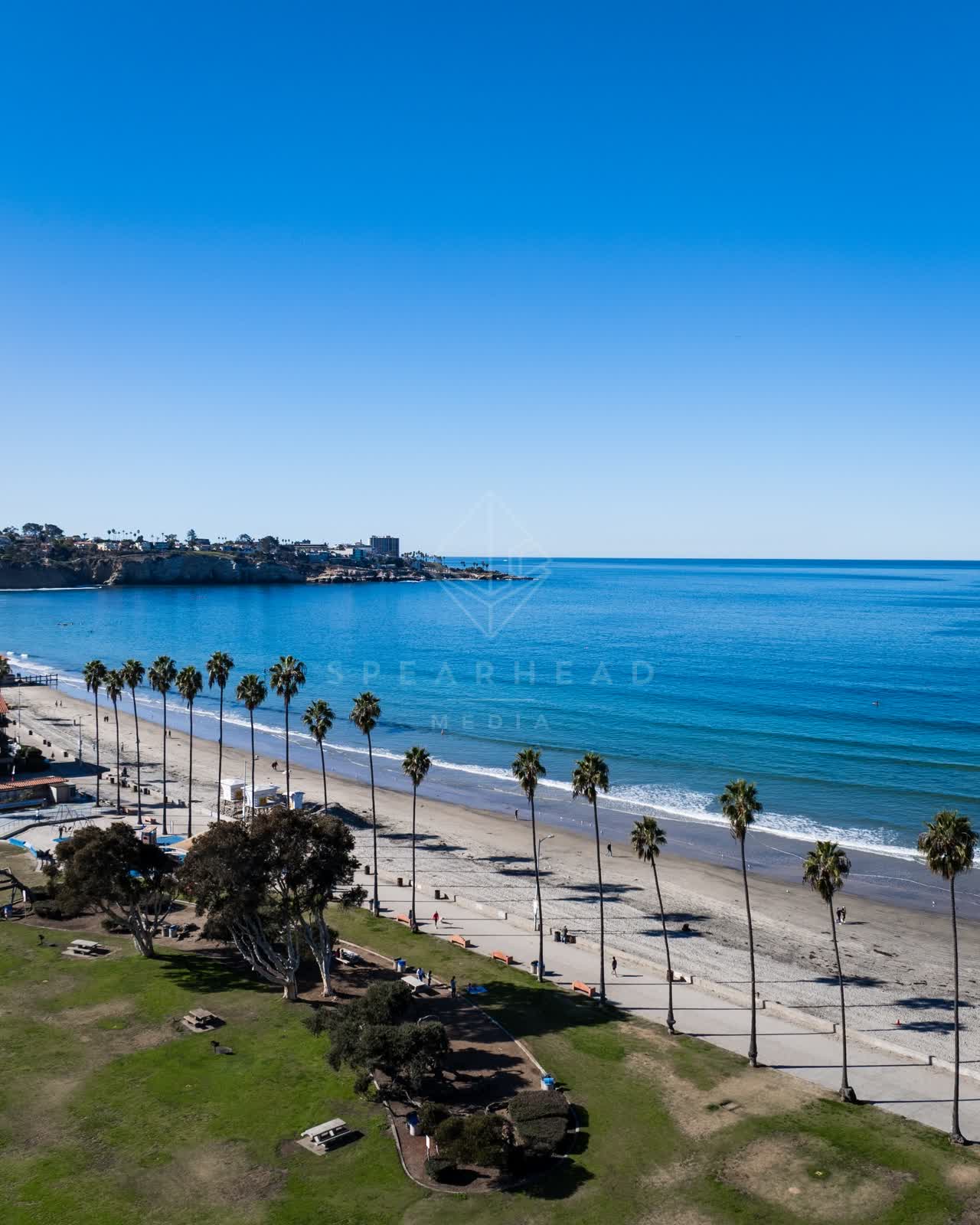Aerial view of the beach, the surf and palm trees at La Jolla Shores, with people walking.