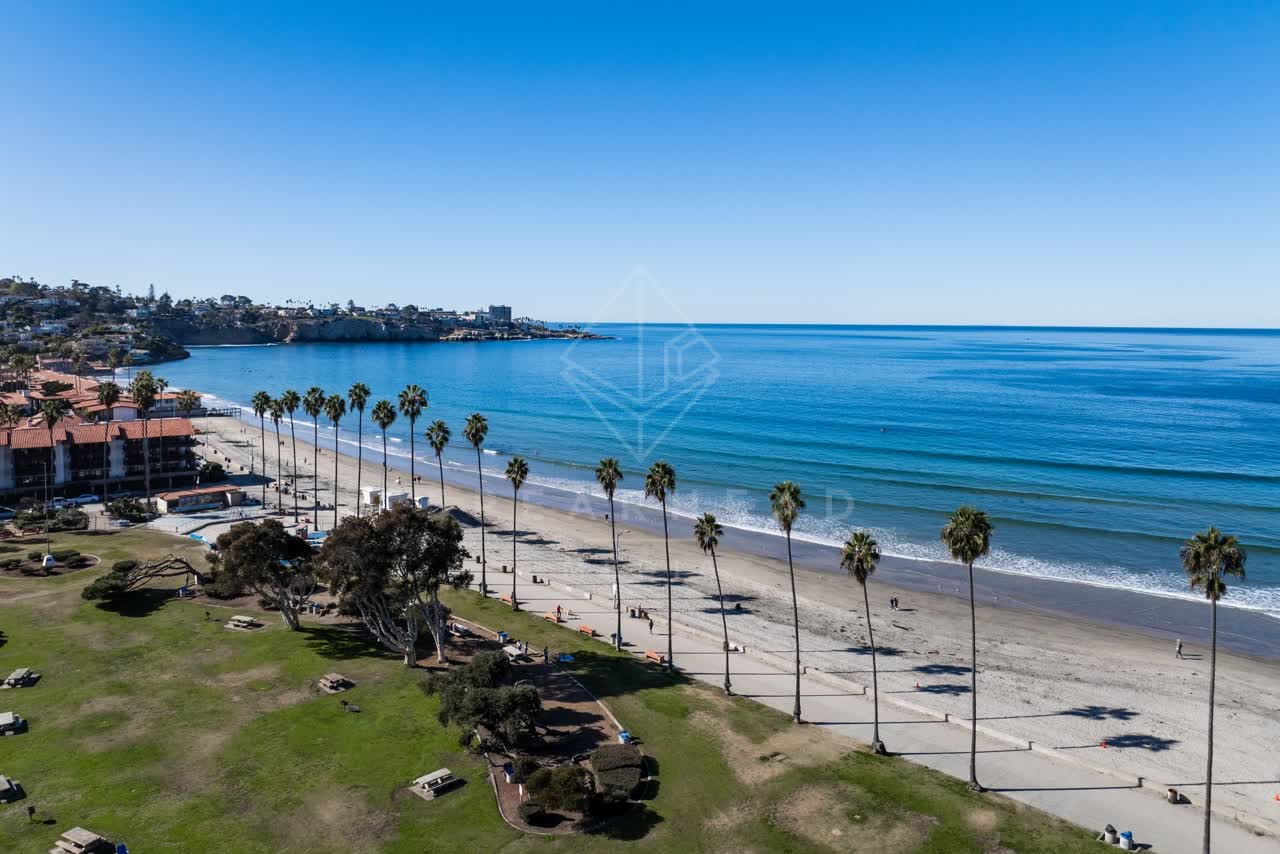 Aerial view of the beach, palm trees and the ocean at La Jolla Shores, with people walking.