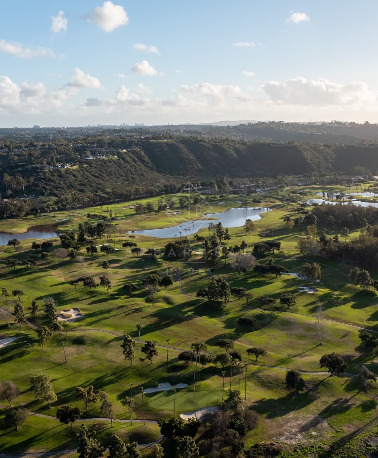 Aerial view of the country inland, palm trees and open country at Fairbanks Ranch.