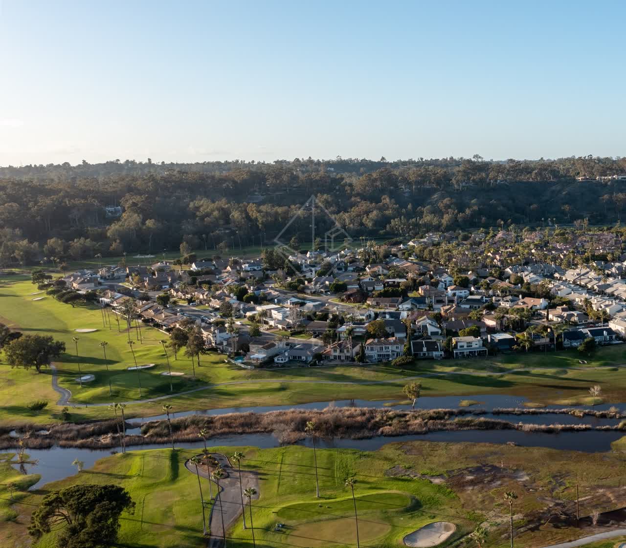 Aerial view of a residential street, palm trees and homes at Fairbanks Ranch.
