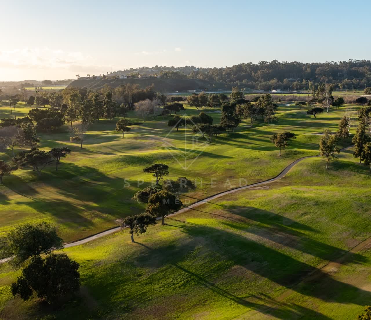 Low aerial view of a park and open country at Fairbanks Ranch.
