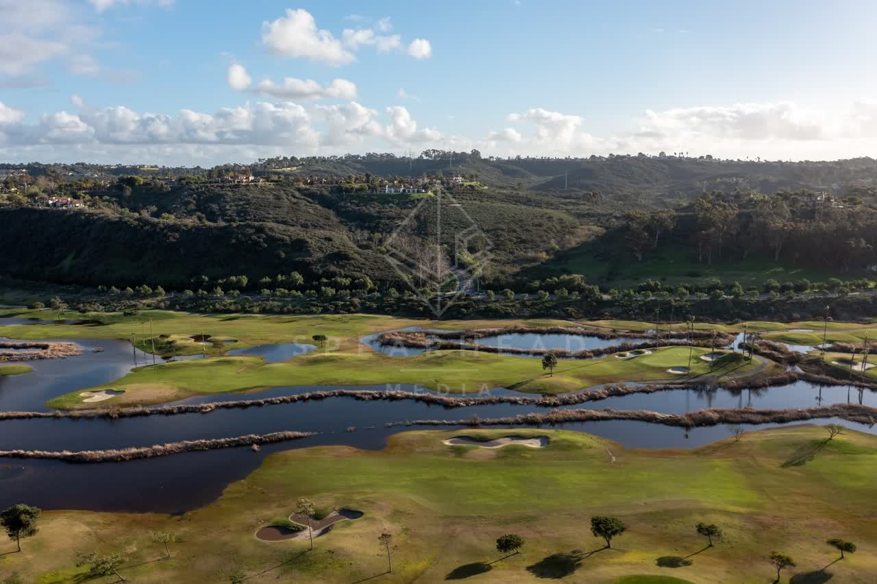 Aerial view of the country inland, open country and the water at Fairbanks Ranch.