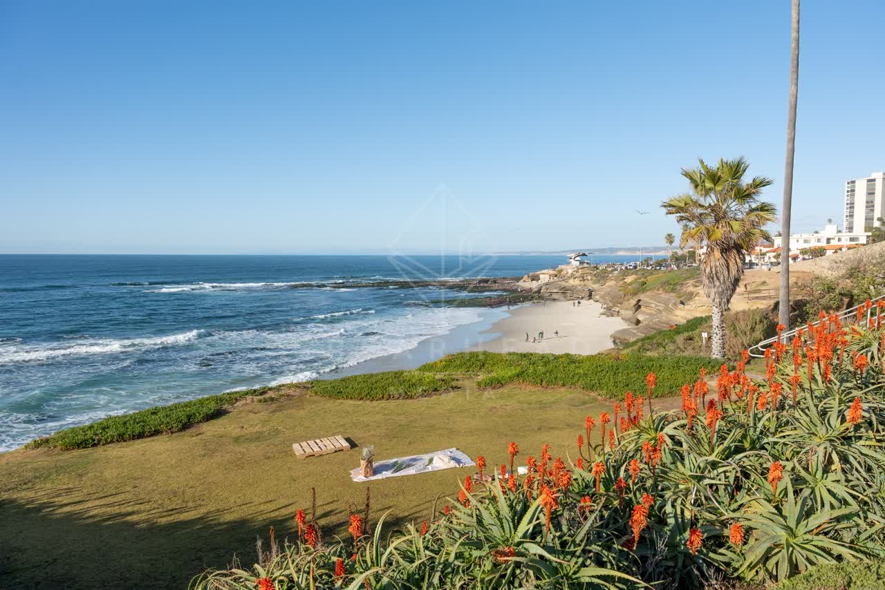 Elevated view of the cliffs, palm trees and the ocean at La Jolla Cove, with people walking.