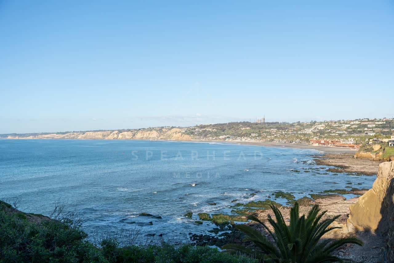 Elevated view of the cliffs, palm trees and the ocean at Coast Walk Trail.