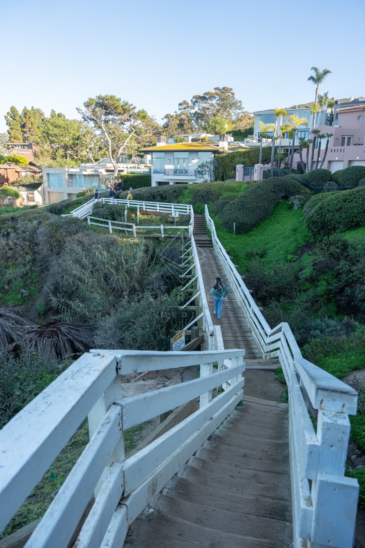 Elevated view of a residential street, palm trees and homes at Coast Walk Trail, with people walking.
