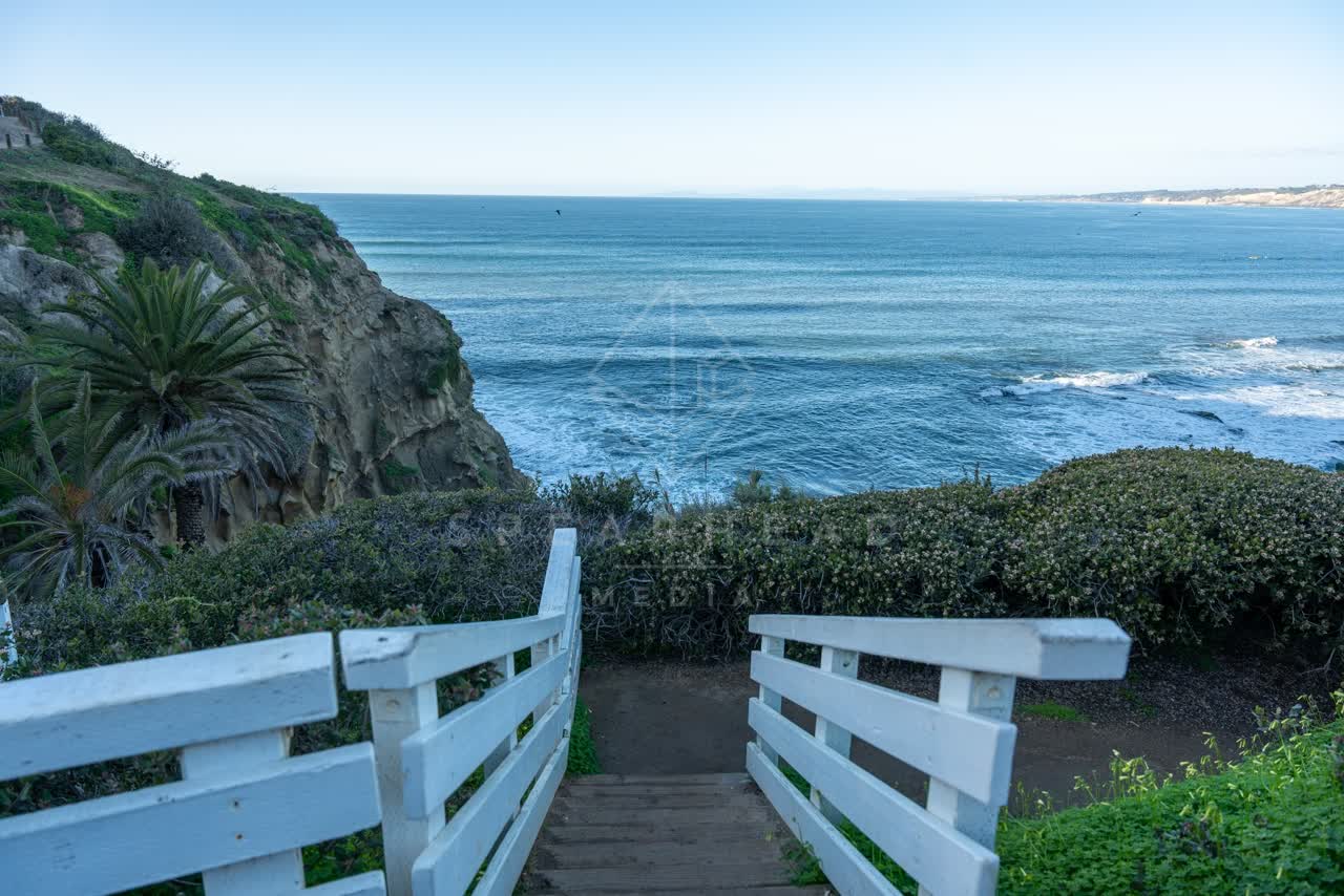 Elevated view of the cliffs, palm trees and the ocean at Coast Walk Trail.