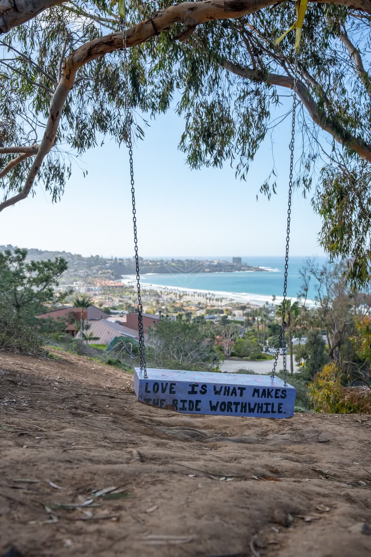 Elevated view of the cliffs, palm trees and the ocean at La Jolla Shores.