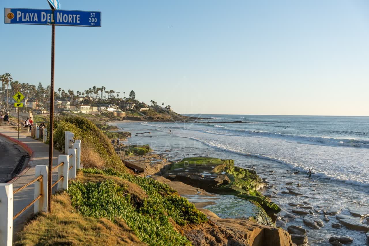 Elevated view of the cliffs, the surf and palm trees at Windansea, with people walking.