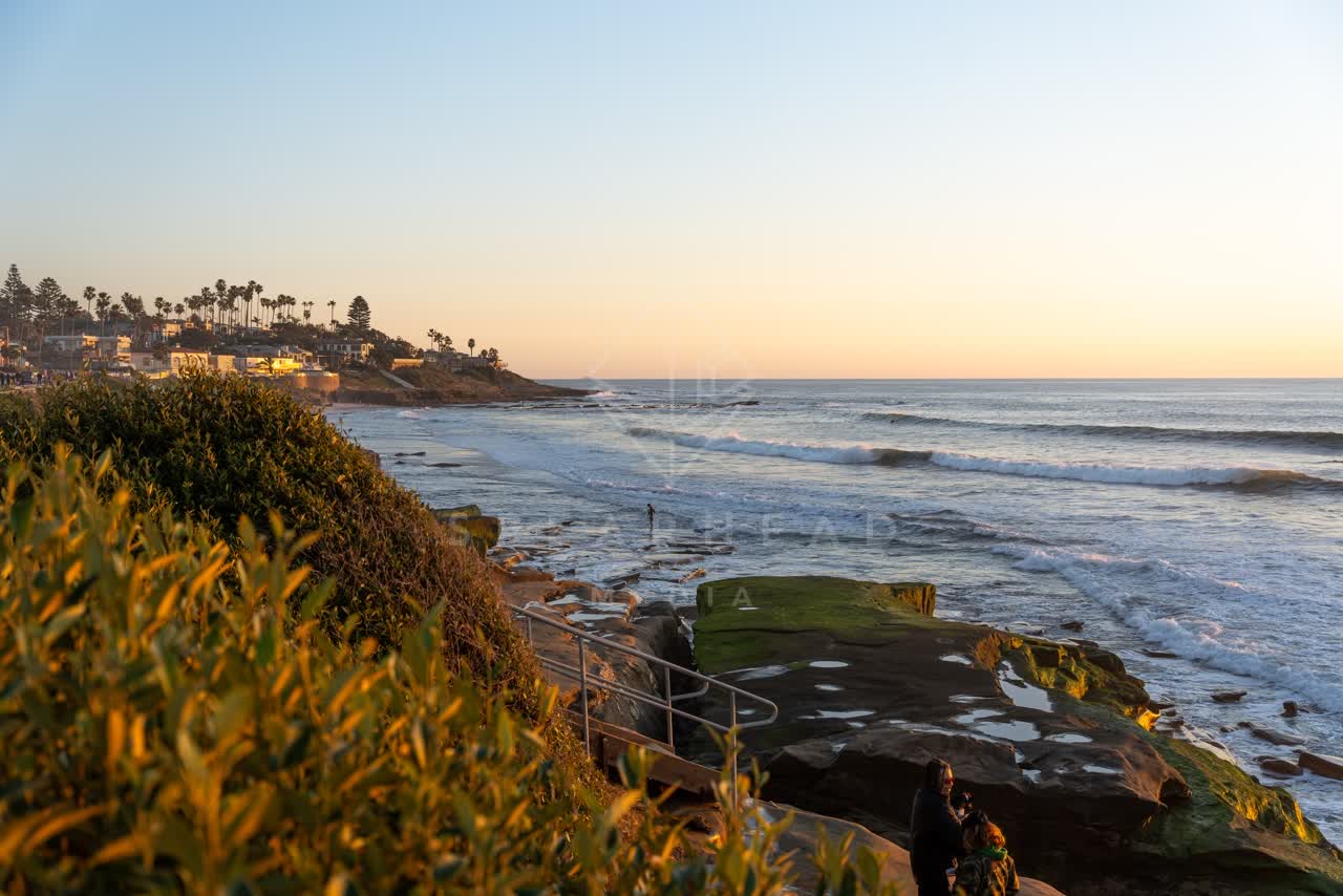 Elevated view of the cliffs, the surf and palm trees at Windansea, with people walking.