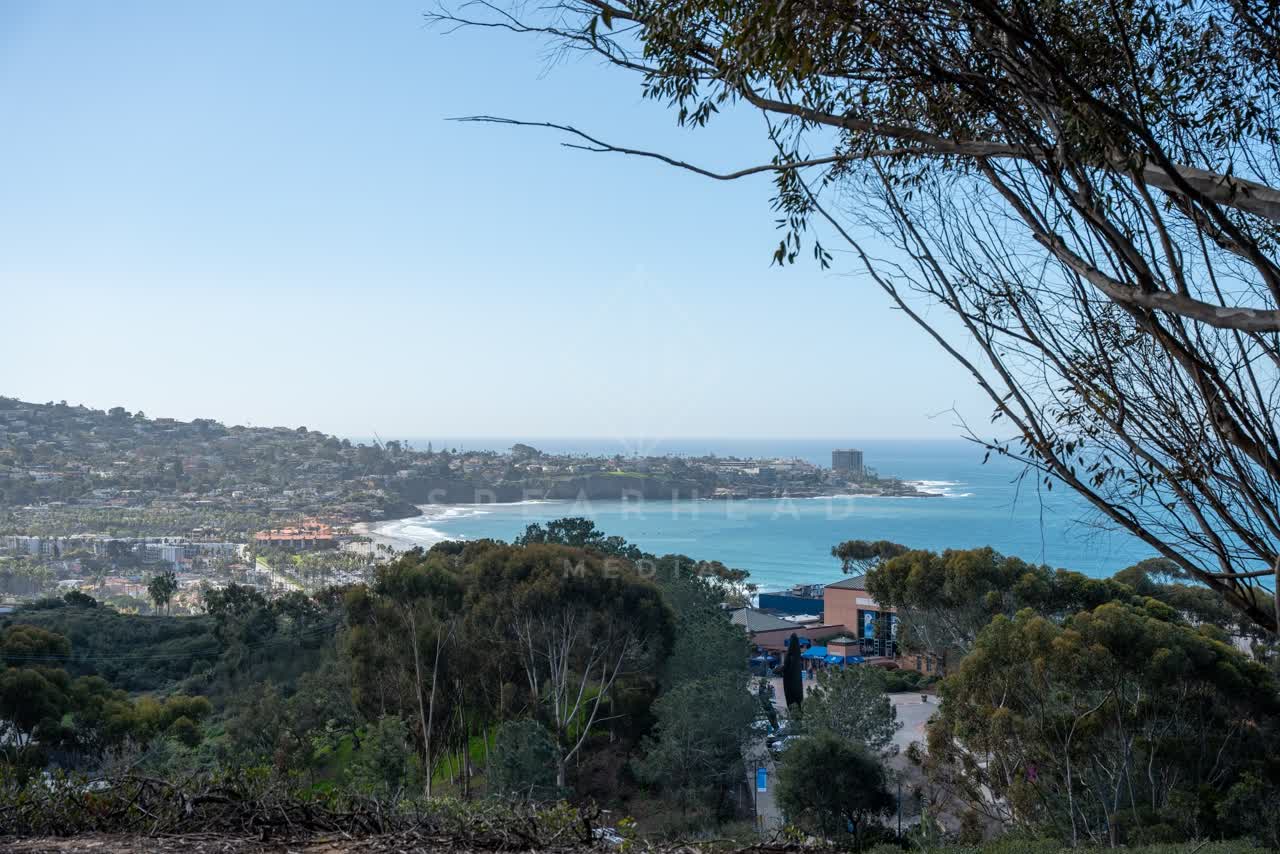 Elevated view of the cliffs, the ocean and the bay at La Jolla Shores.