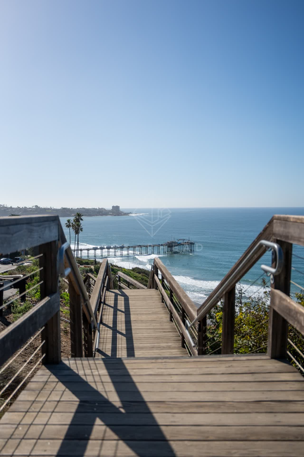 Elevated view of the cliffs, the pier and palm trees at La Jolla Shores.