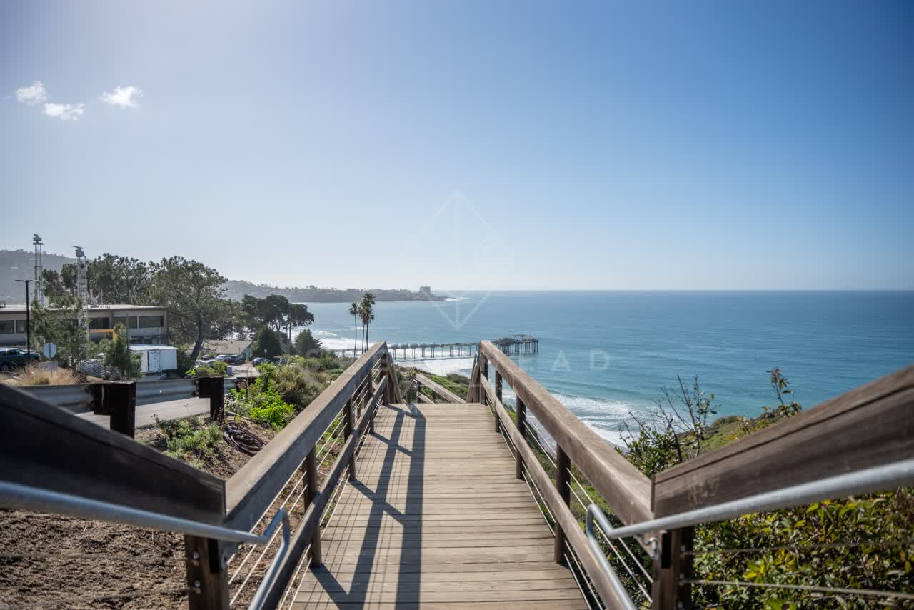 Elevated view of the cliffs, the pier and palm trees at La Jolla Shores.