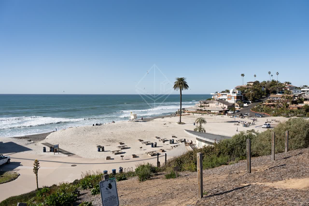 Elevated view of the beach, the surf and palm trees at Moonlight Beach.