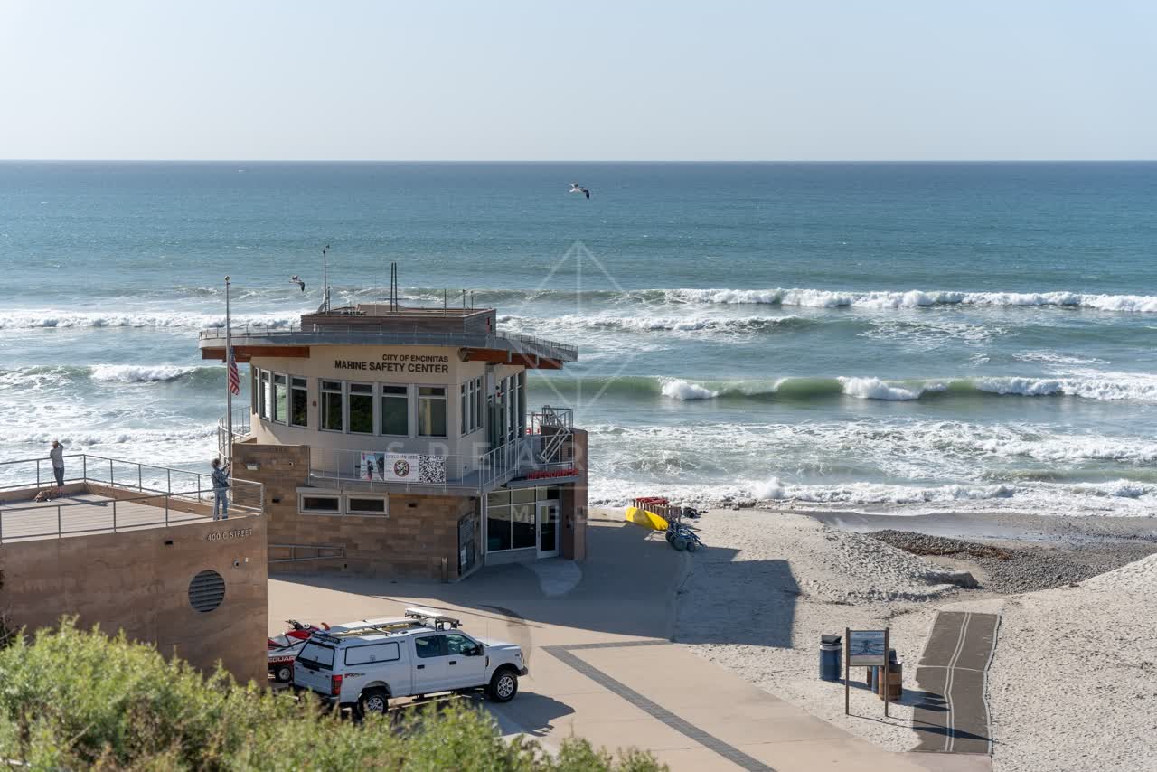Elevated view of the beach, the surf and wildlife at Moonlight Beach.
