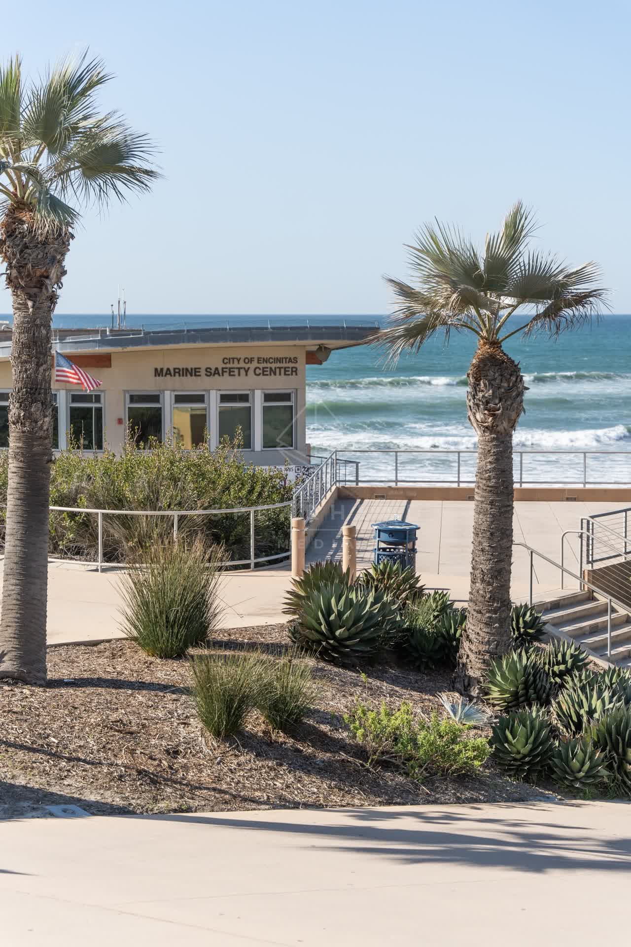 Elevated view of the beach, the surf and palm trees at Moonlight Beach.