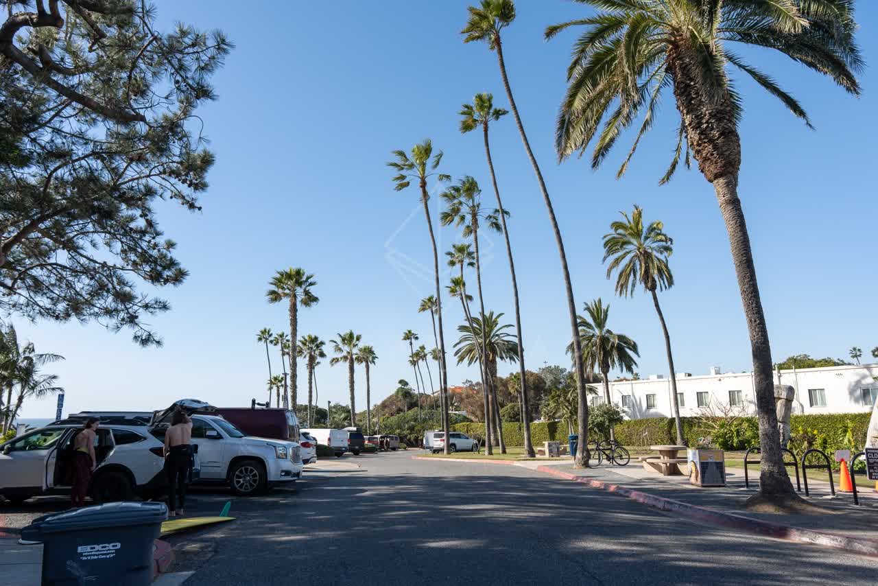 A residential street, palm trees and traffic at Swamis, with people walking.