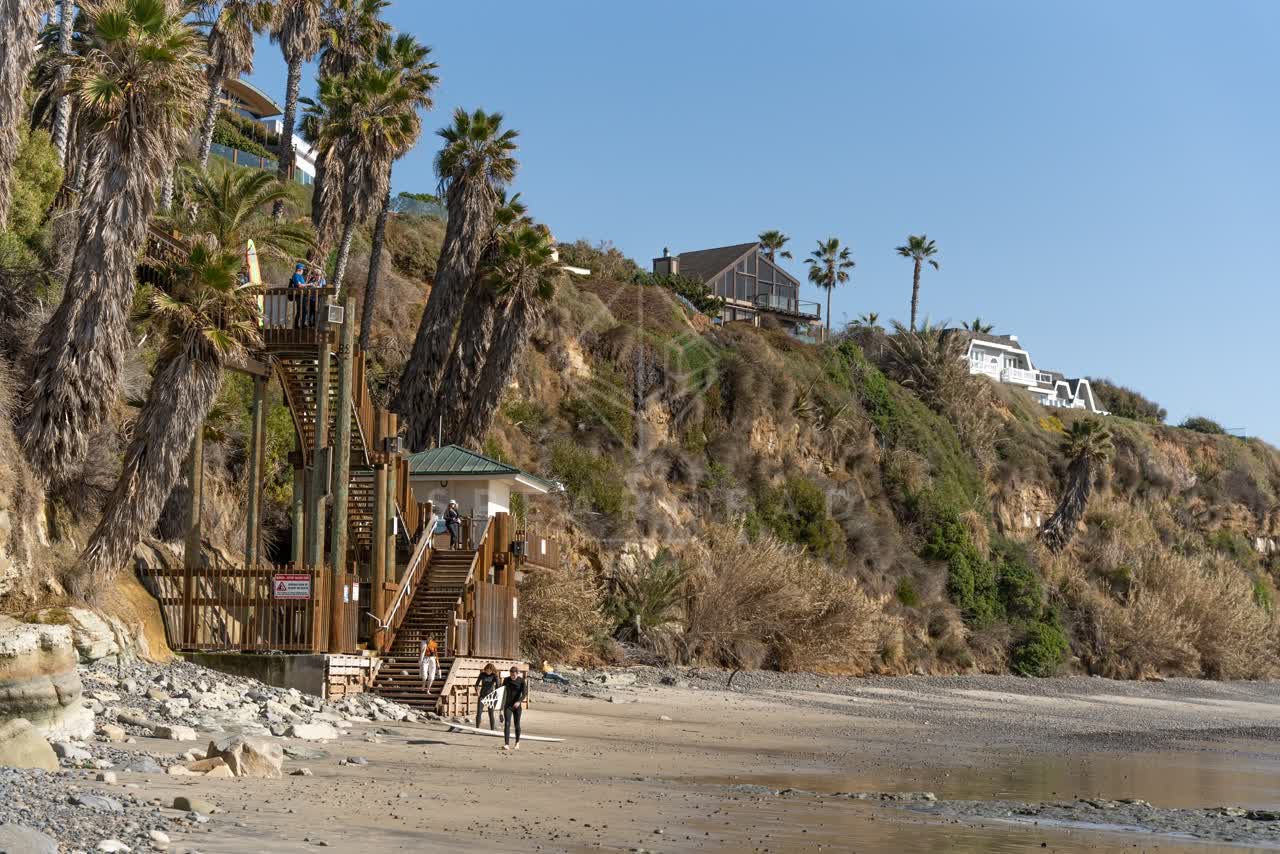 The beach, palm trees and the ocean at Swamis, with people walking.
