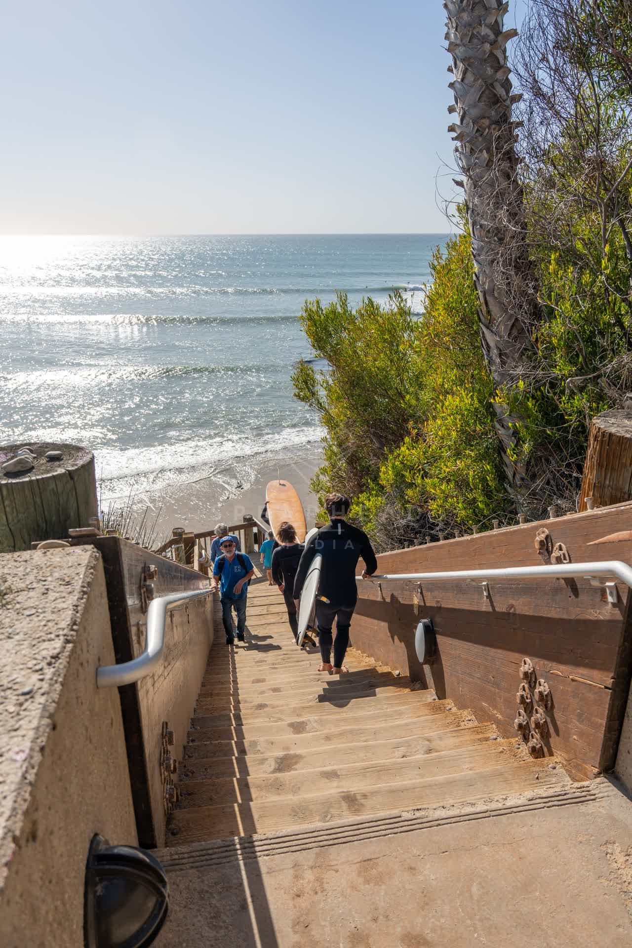 Elevated view of the beach, the surf and the ocean at Swamis, with surfers out.