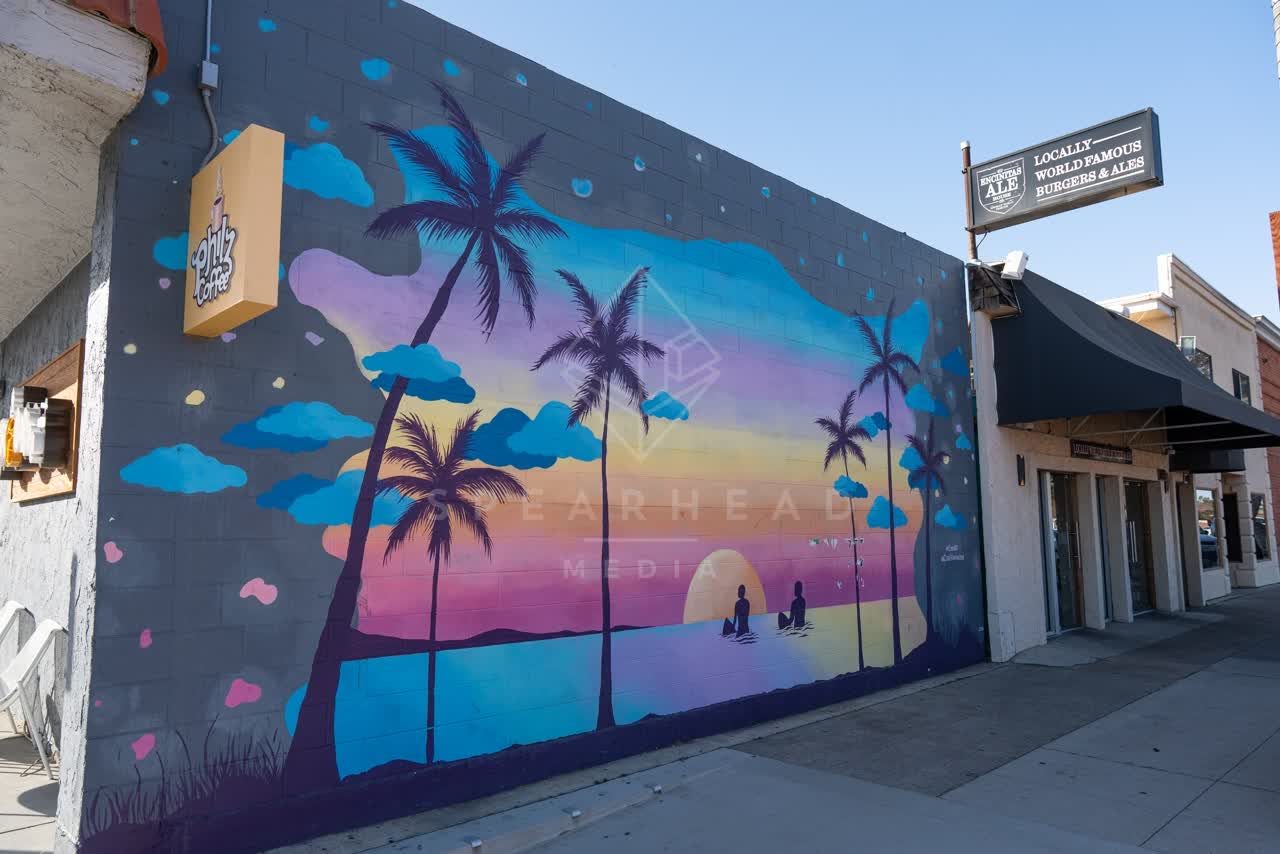 The downtown streets, palm trees and the buildings at Downtown Encinitas.