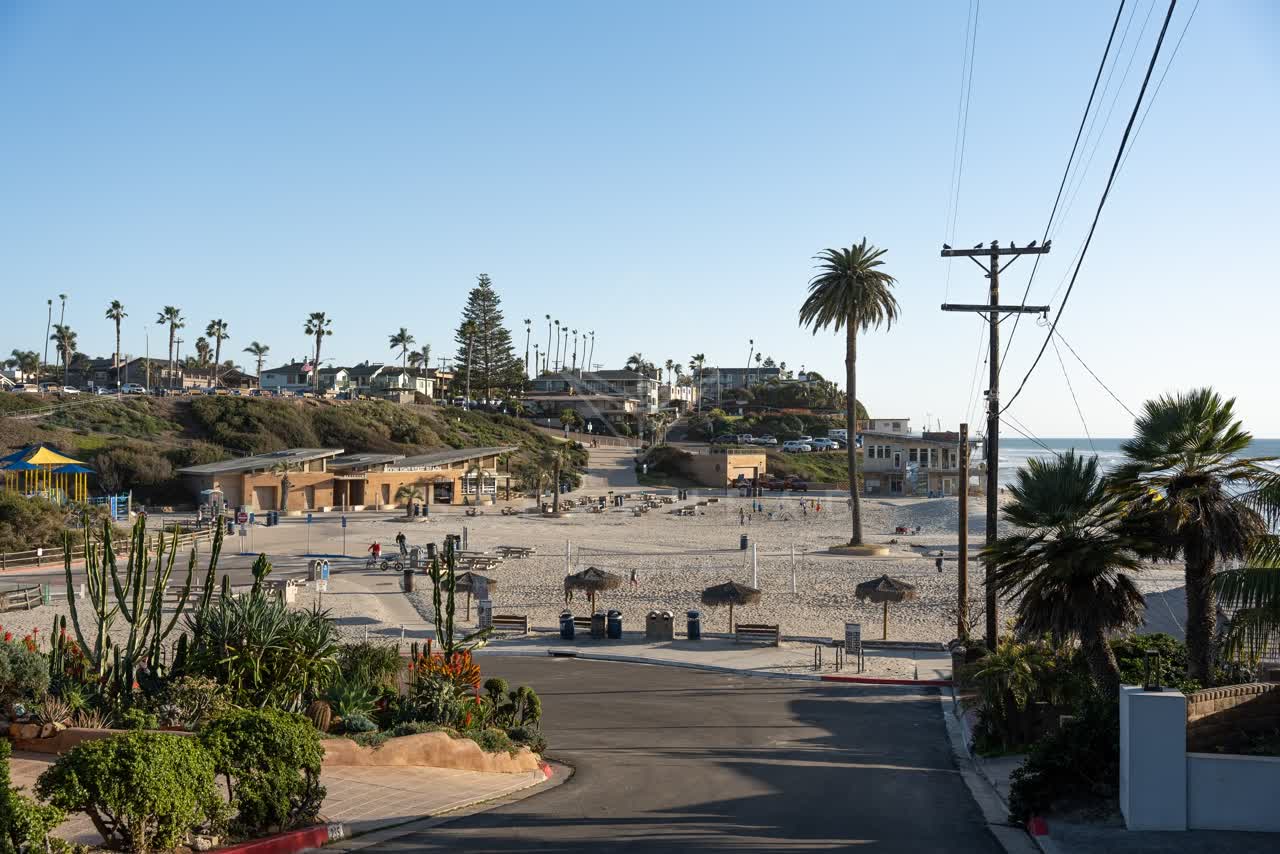 Elevated view of the beach, palm trees and the ocean at Moonlight Beach, with people walking.