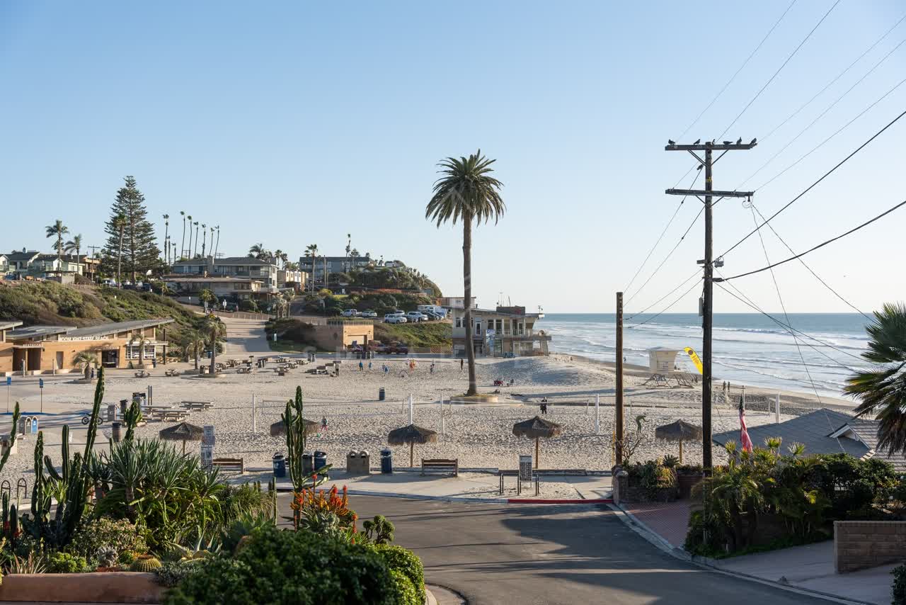 Elevated view of the beach, the surf and palm trees at Moonlight Beach, with people walking.