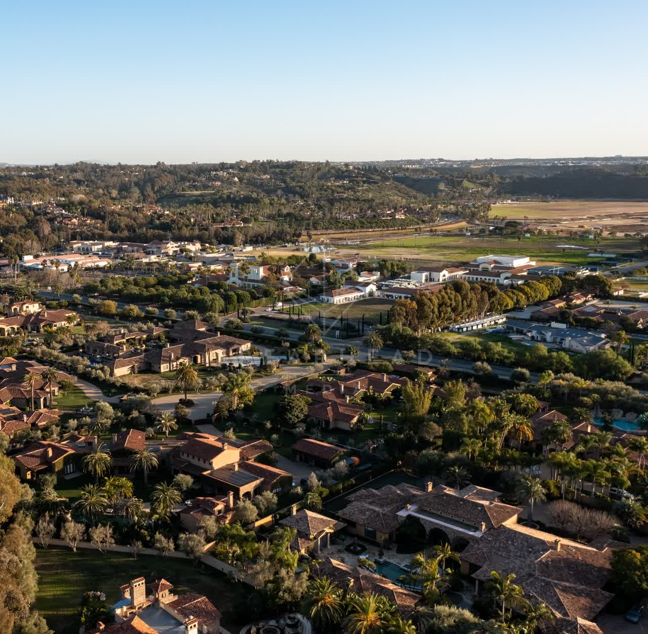 Aerial view of a residential street, palm trees and homes at Fairbanks Ranch.