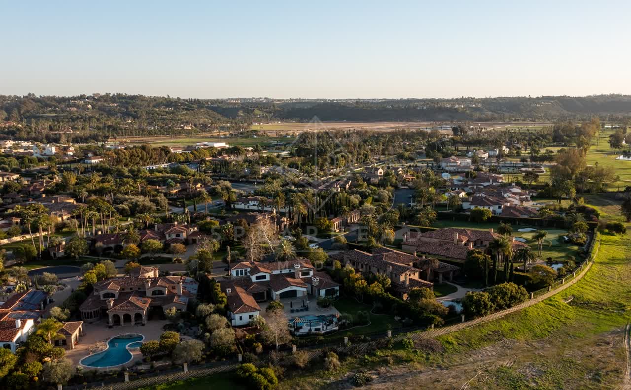 Aerial view of a residential street, palm trees and homes at Fairbanks Ranch.