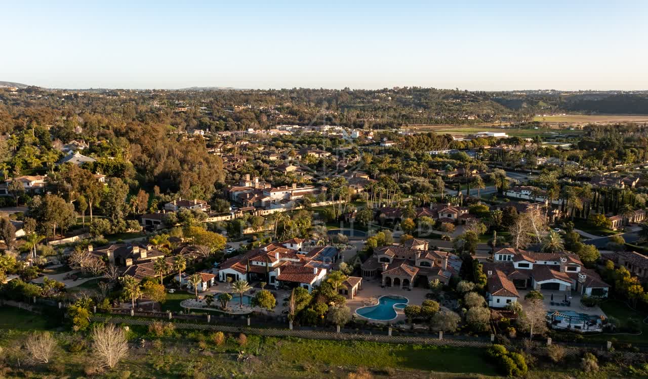 Aerial view of a residential street, palm trees and homes at Fairbanks Ranch.