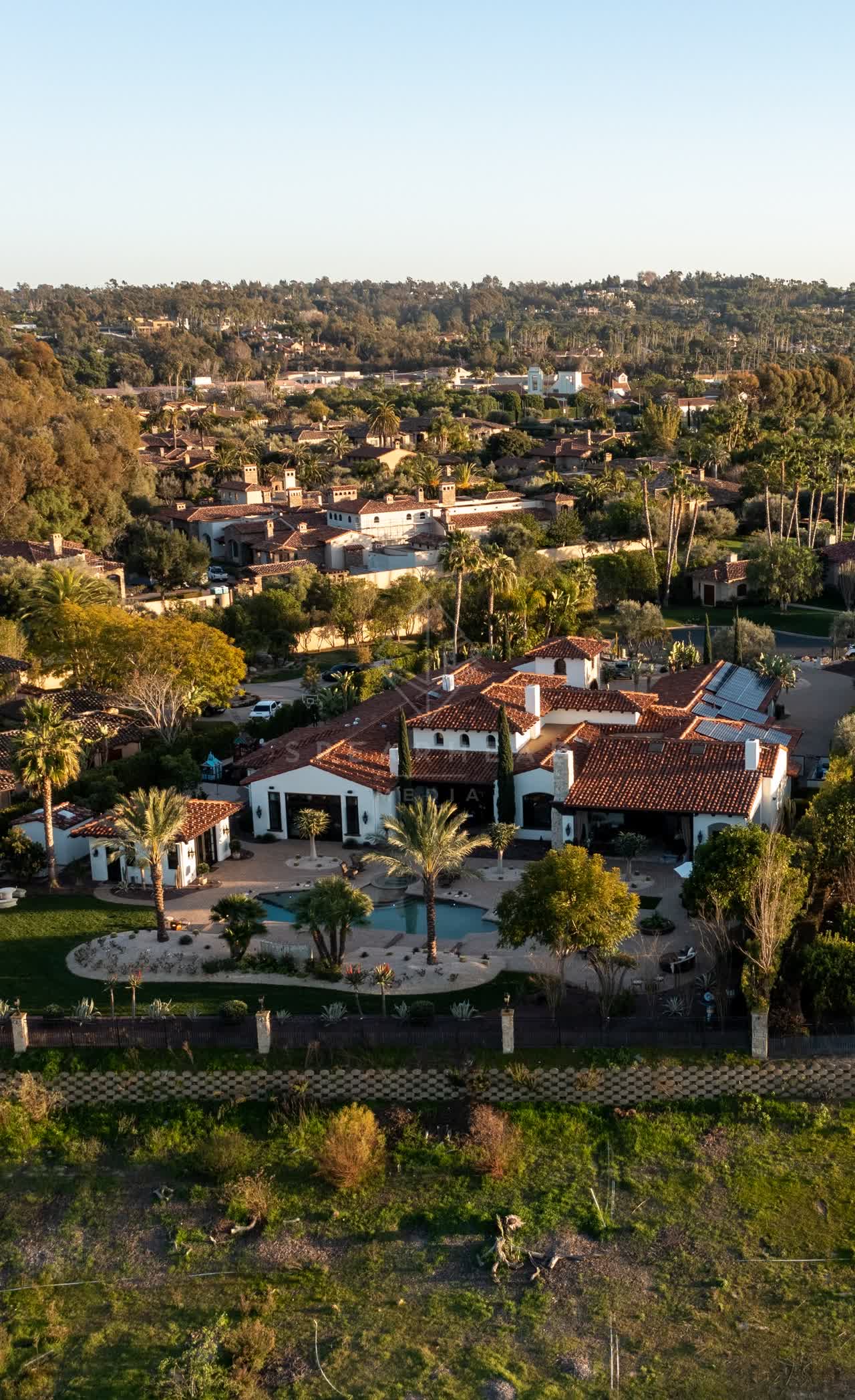 Aerial view of a residential street, palm trees and homes at Fairbanks Ranch.