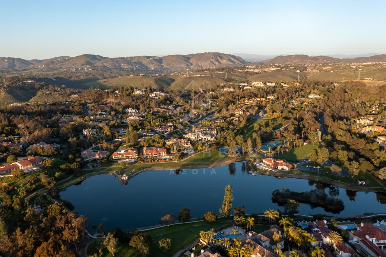 Aerial view of the country inland, palm trees and homes at Fairbanks Ranch.