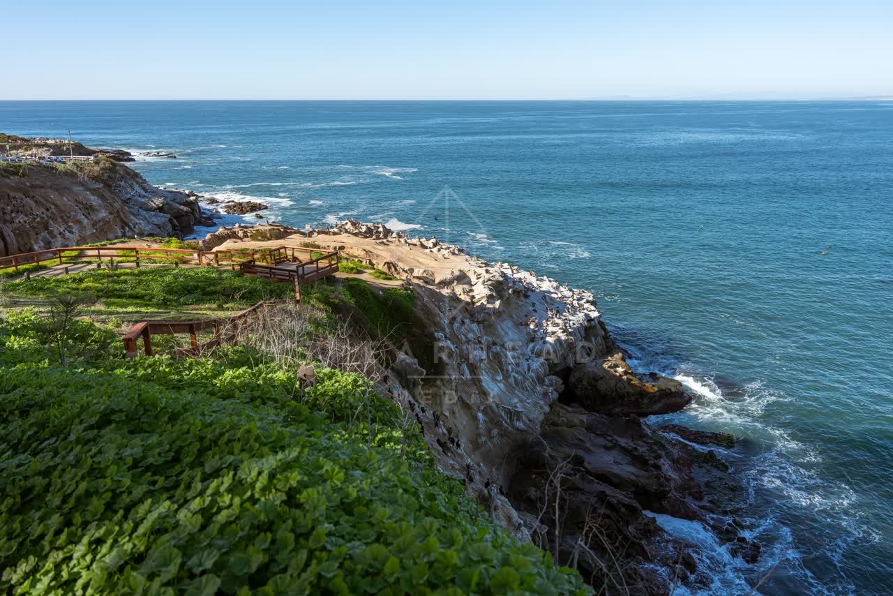 Elevated view of the cliffs, the ocean and open country at Coast Walk Trail.