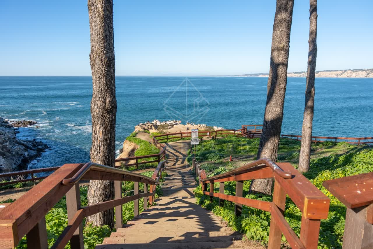Elevated view of the cliffs, palm trees and the ocean at Coast Walk Trail.