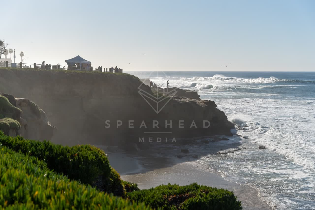 Elevated view of the cliffs, the surf and palm trees at La Jolla Cove, with people walking.