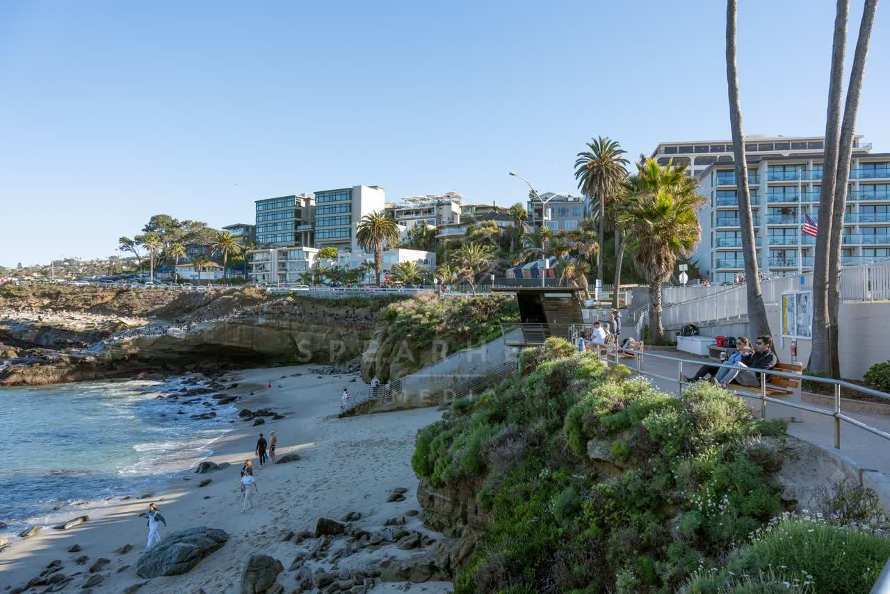 Elevated view of the beach, palm trees and the ocean at La Jolla Cove, with people walking.