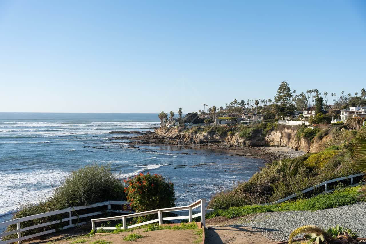Elevated view of the cliffs, the surf and palm trees at Bird Rock.