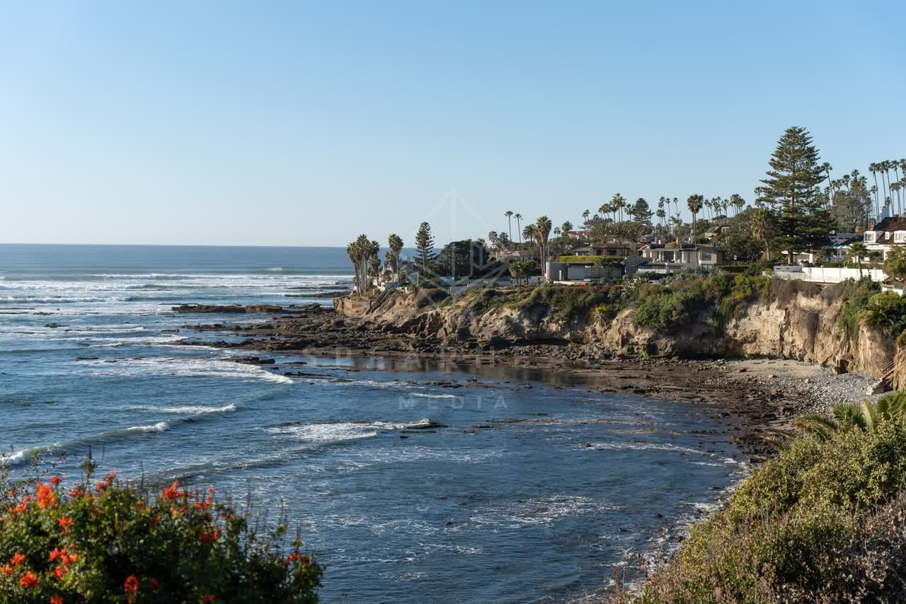 Elevated view of the cliffs, the surf and palm trees at Bird Rock.
