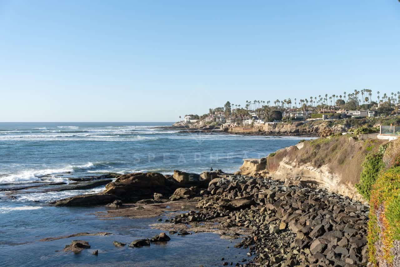 Elevated view of the cliffs, the surf and palm trees at Bird Rock.