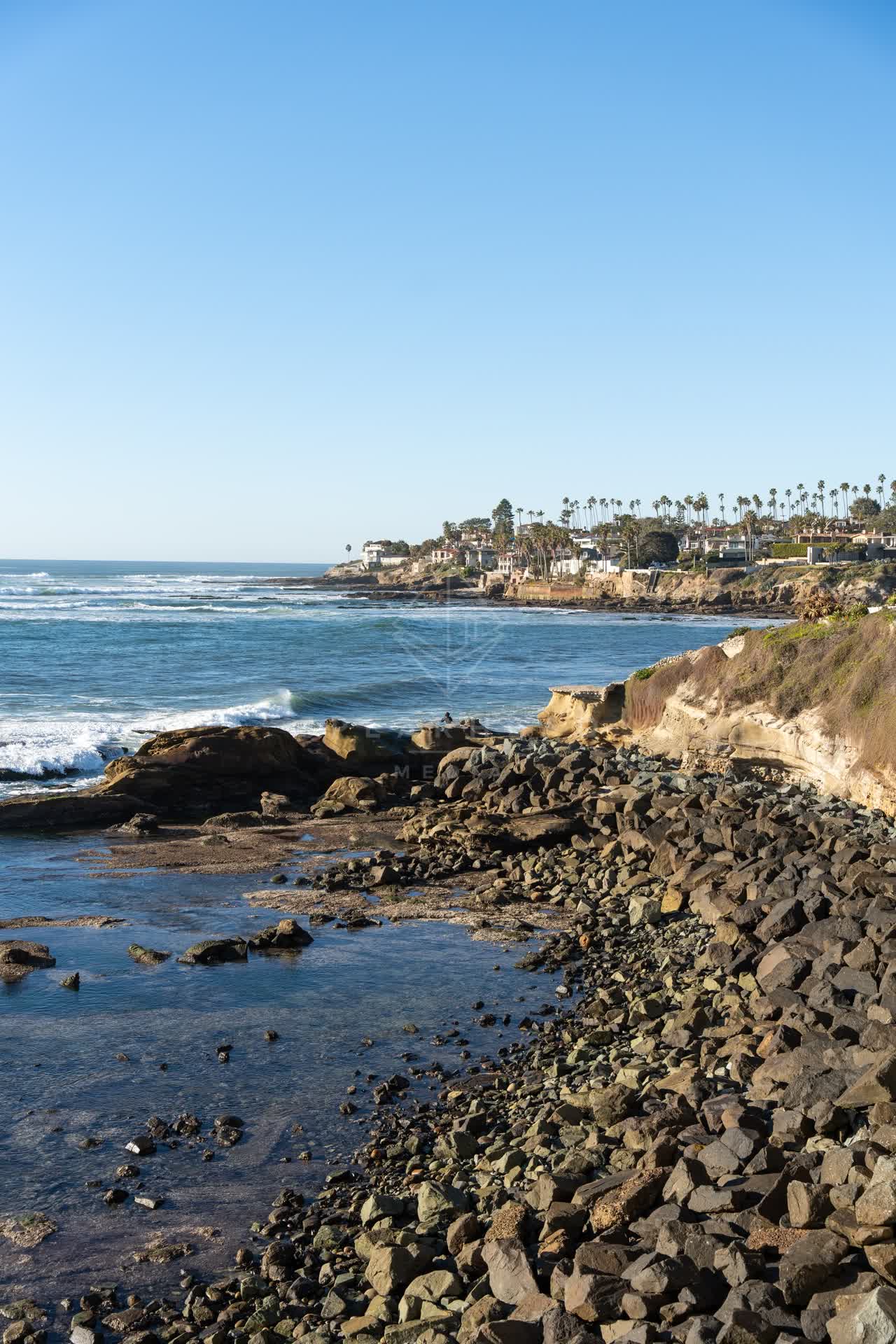 Elevated view of the cliffs, the surf and palm trees at Bird Rock.