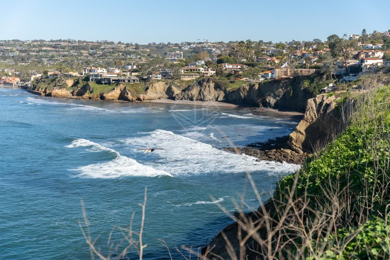 Elevated view of the cliffs, the surf and palm trees at Coast Walk Trail.