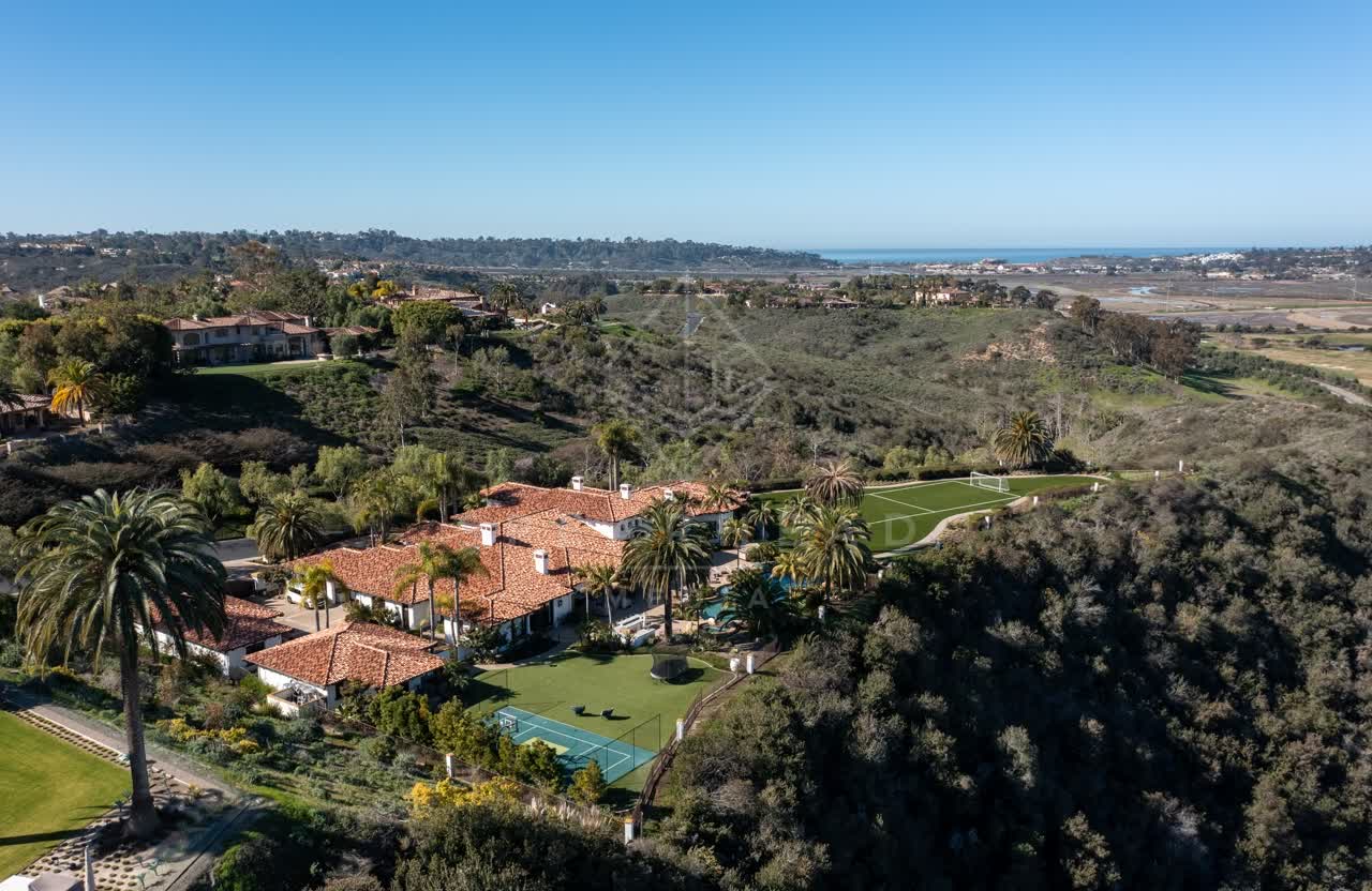 Aerial view of a residential street, palm trees and homes at Rancho Pacifica.