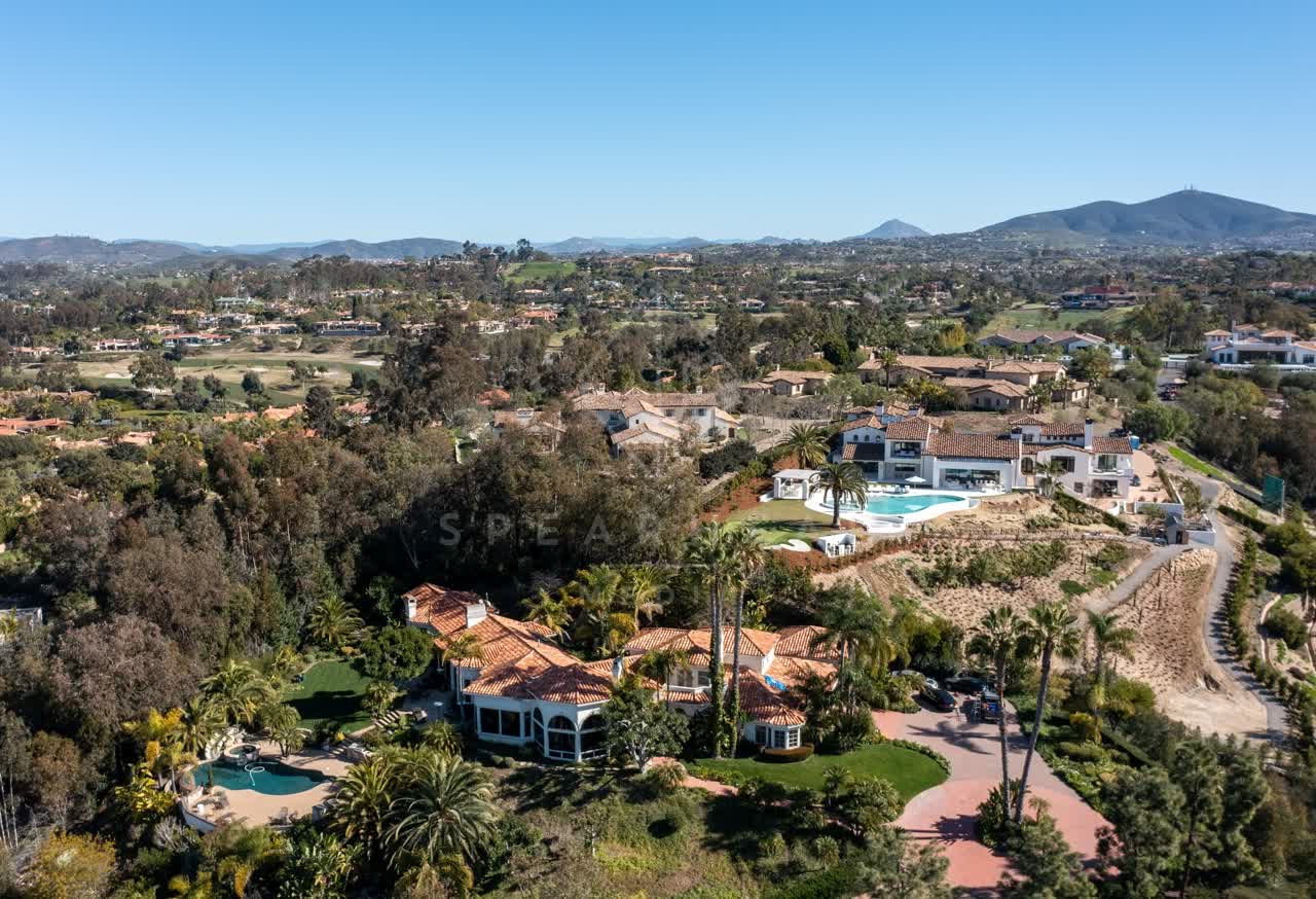 Aerial view of a residential street, palm trees and homes at Rancho Pacifica.