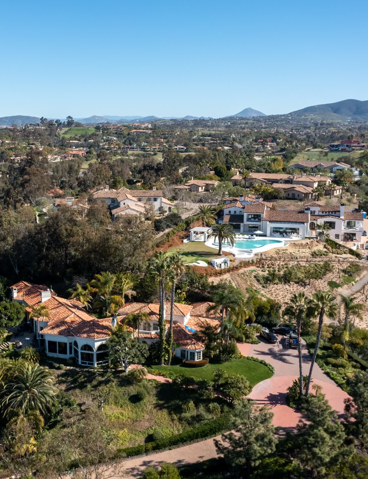 Aerial view of a residential street, palm trees and homes at Rancho Pacifica.