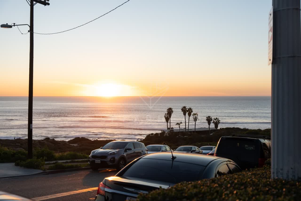 Elevated view of the cliffs, palm trees and the ocean at Sunset Cliffs.
