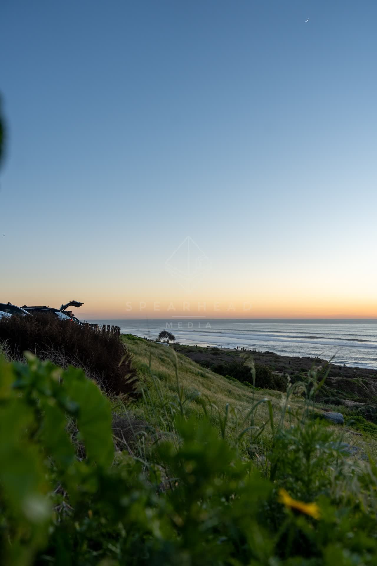 Elevated view of the cliffs, the ocean and the beach at Sunset Cliffs.