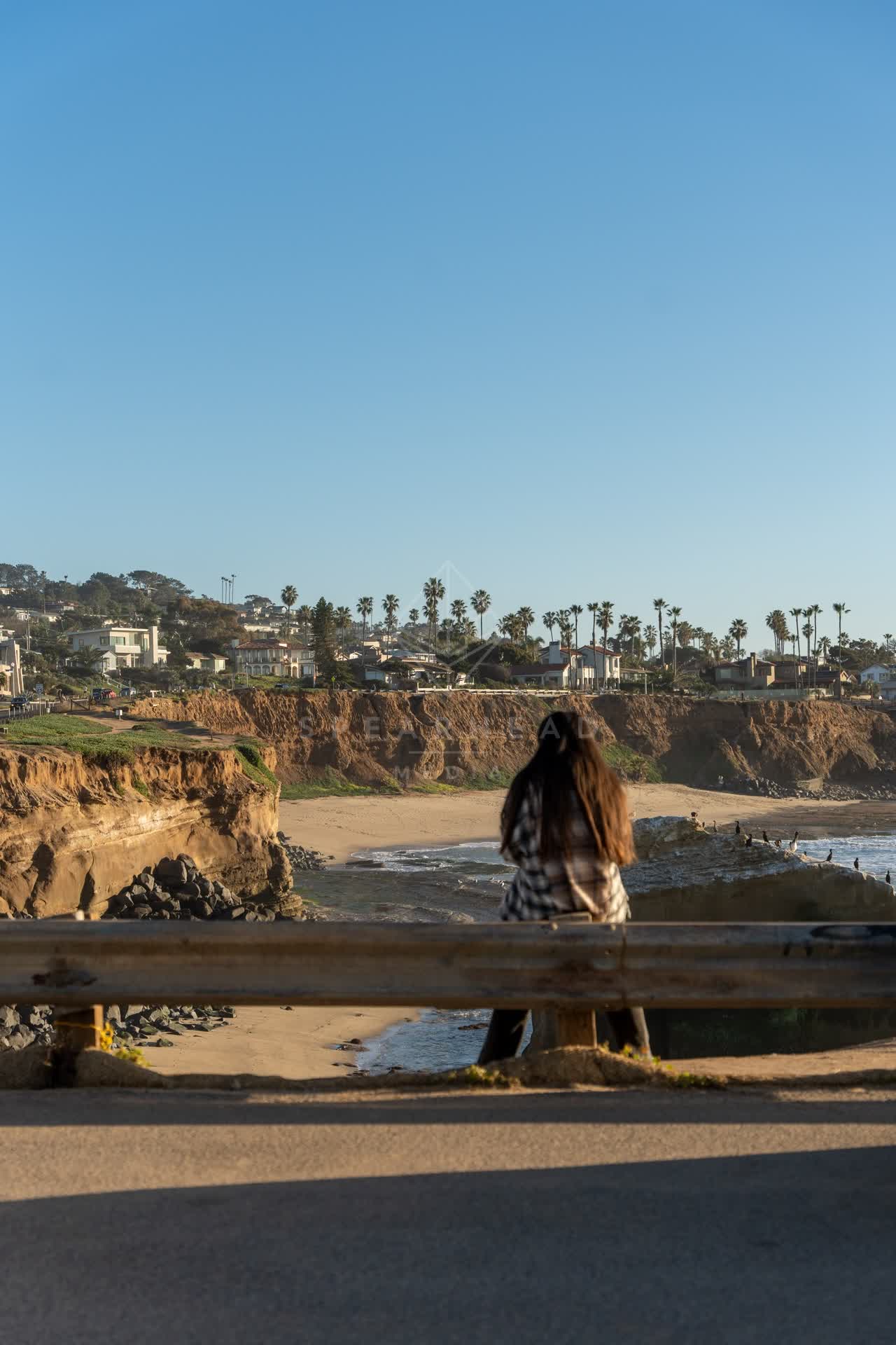 Elevated view of the cliffs, palm trees and the ocean at Sunset Cliffs, with people walking.