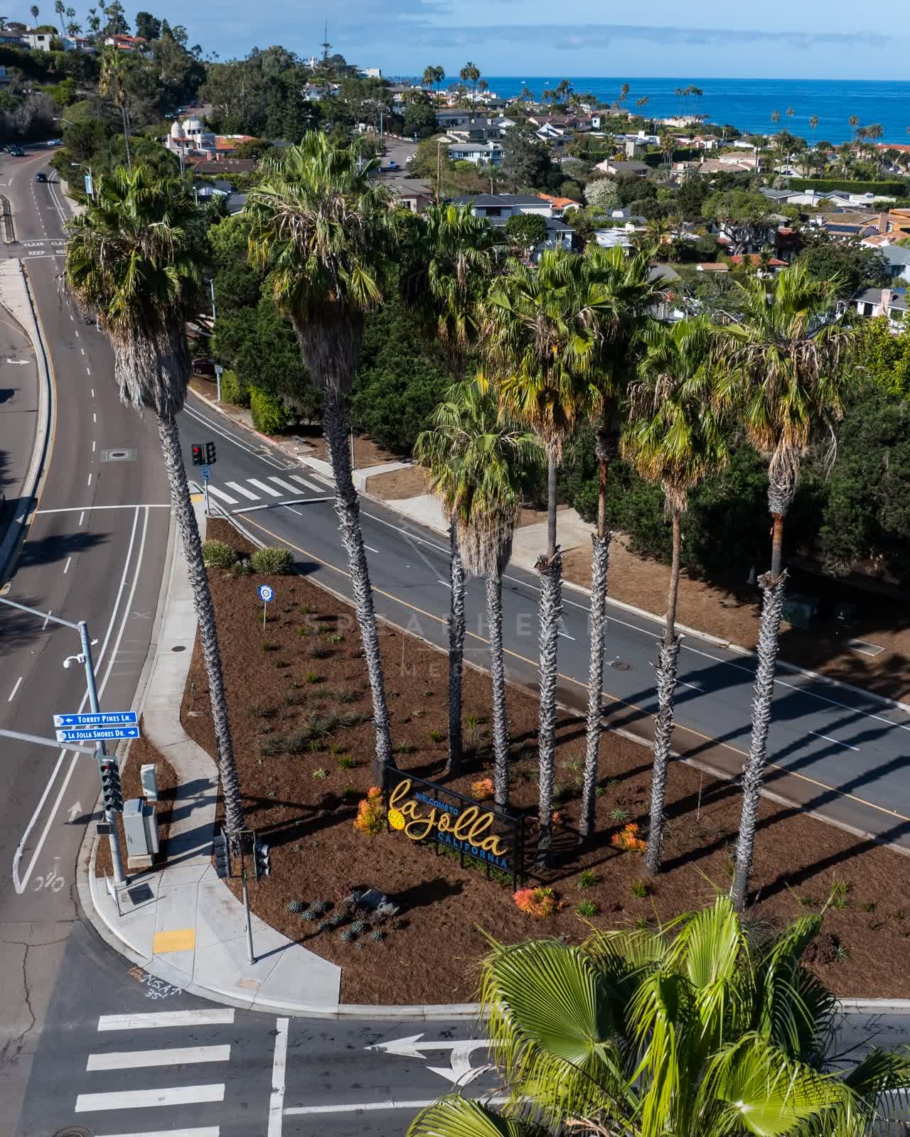 Low aerial view of a residential street, palm trees and the ocean in La Jolla.